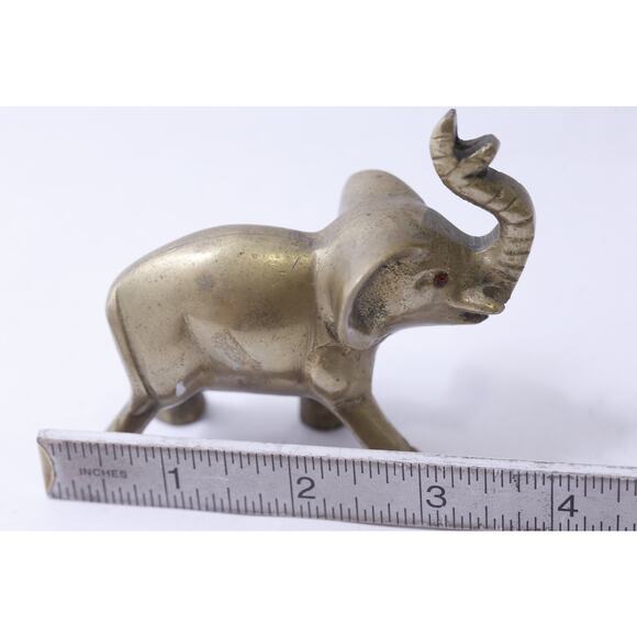 Elephant Brass Statue with Red Rhinestone Eyes, 4 inches, Animal Figure, Wisdom, - Picture 3 of 3